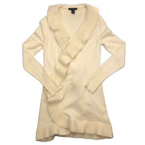 White House Black Market Drape Cardigan Sz Small Ivory Ruffle Lamb Wool Angora
